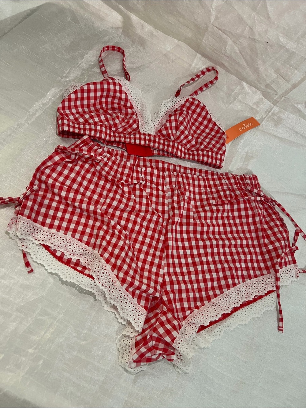 Red GColsie Red Gingham 2Pc Pajama Lounge Set Medium Lace Trim Cottagecore NWT